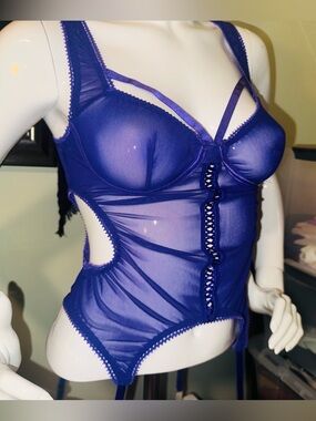 👑 Size Small/Medium Sexy Sheer Strappy Purple Bodysuit with Lace-Up Front